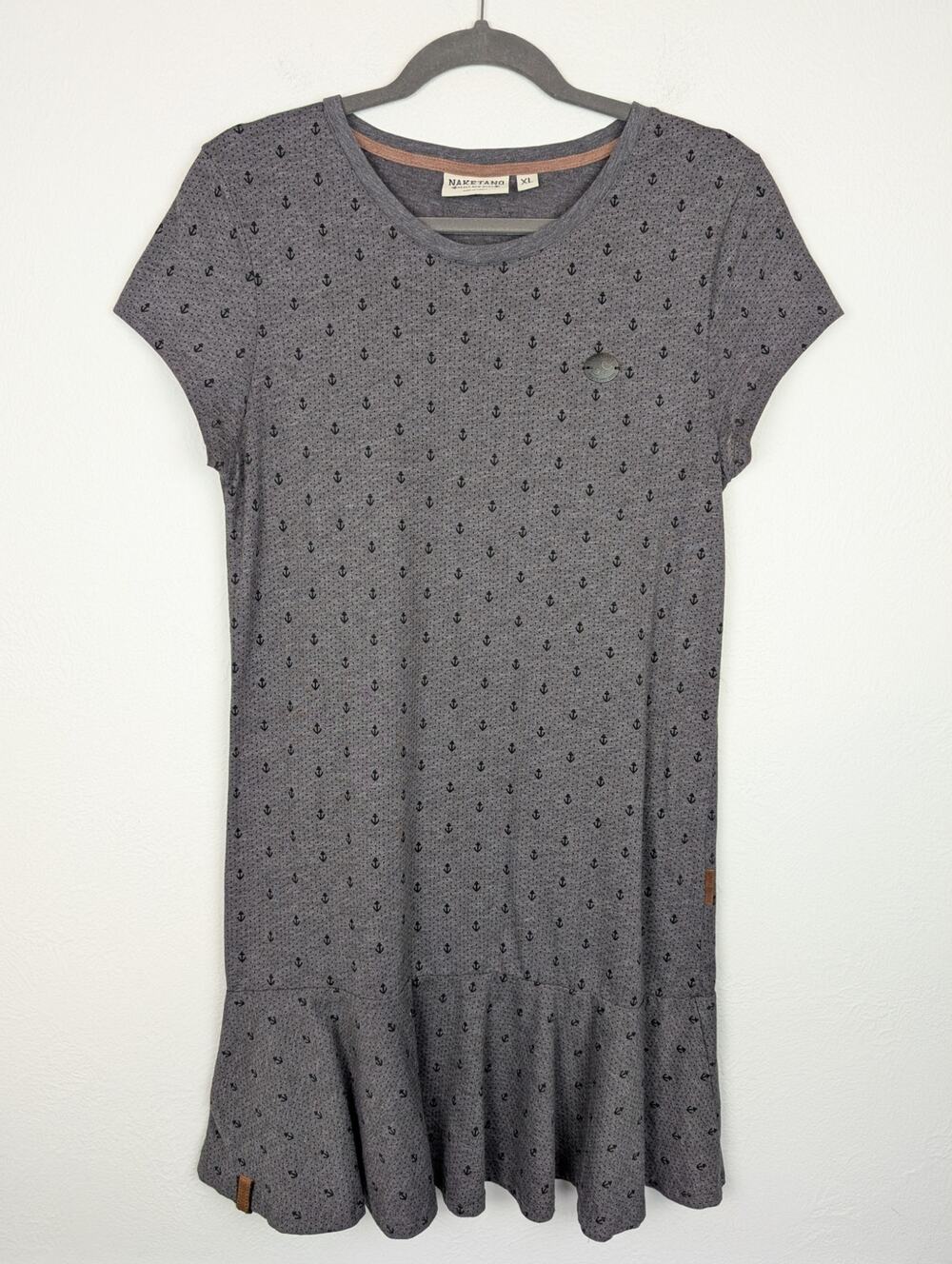 Naketano Dress Ruffle Tier Anchor Print Brave New World Outdoor Y2K Gray Size XL